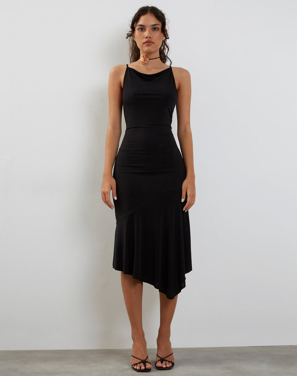 Adina Asymmetric Hem Midi Dress in Slinky Black