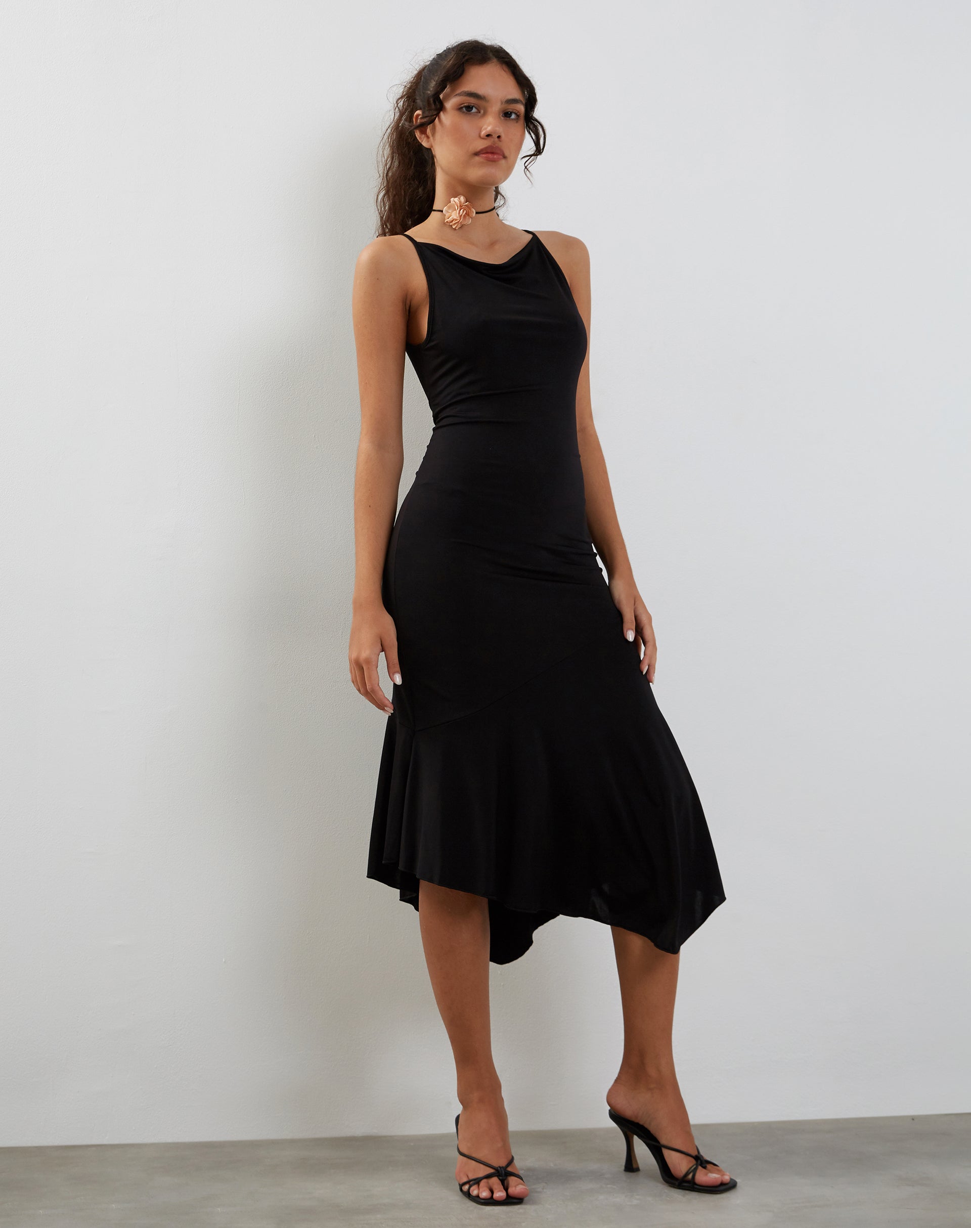 Image of Adina Asymmetric Hem Midi Dress in Slinky Black