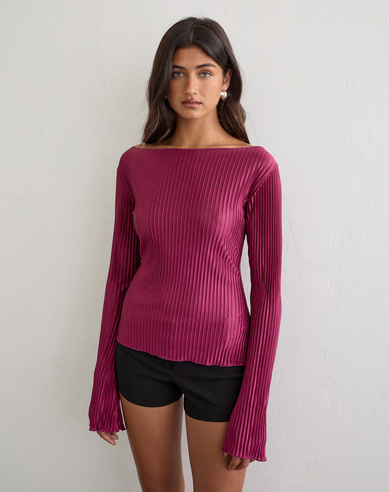 Image of Ador Long Sleeve Top in Plisse Satin Burgundy