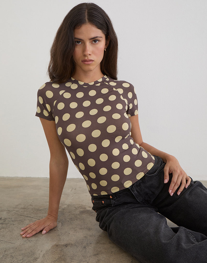 Image of Agneta Tee in Brown with Big Yellow Polka Dots