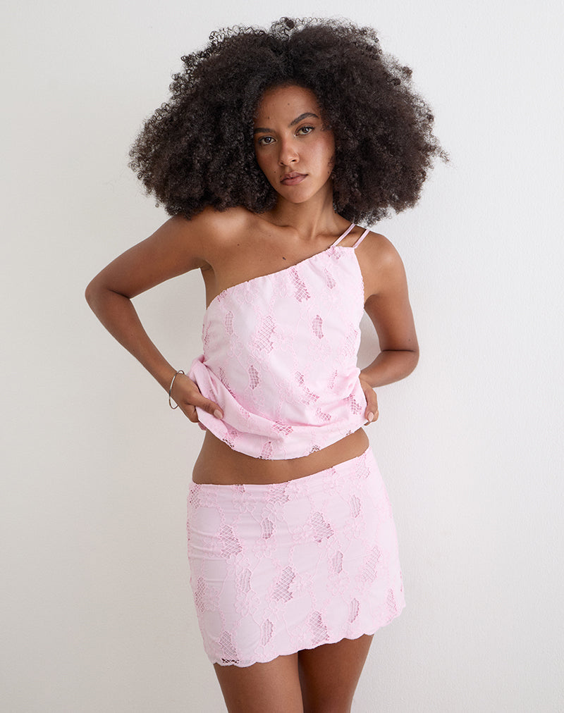 Aguna Mini Skirt in Broderie Baby Pink