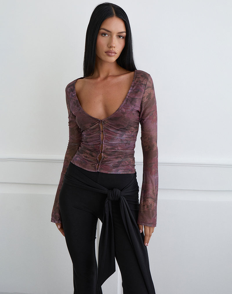 Aifee Long Sleeve Top in Mesh Blurry Floral Burgundy