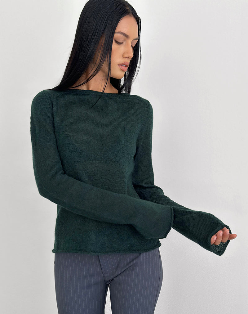Aika Long Sleeve Top in Sheer Knit Dark Green