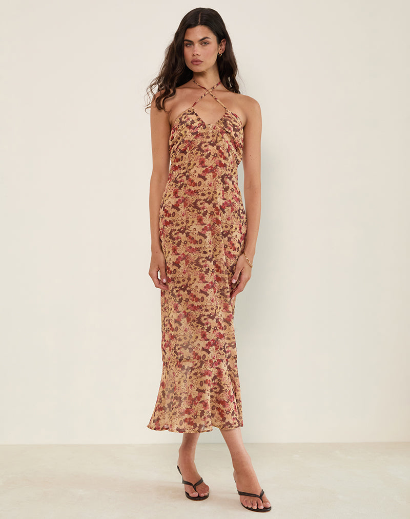 Image of Alette Halterneck Maxi Dress in Chiffon Rusty Flower