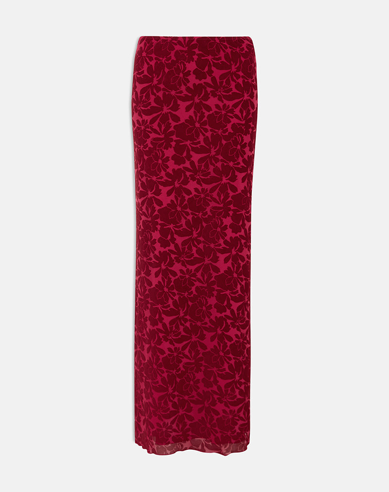 Image of Alfreda Maxi Skirt in Flocked Mesh Flower Cherry