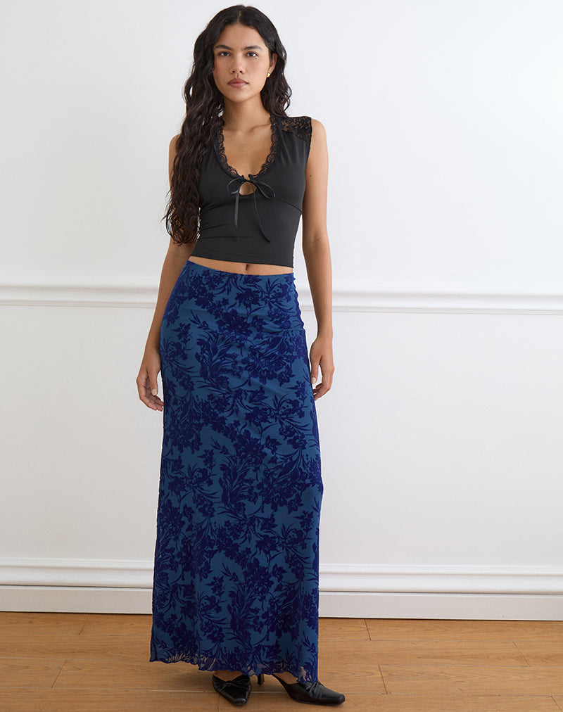 Image of Alfreda Maxi Skirt in Midnight Leaf Flock Navy