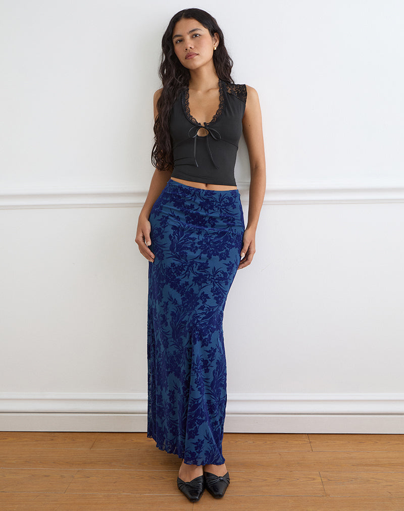 Alfreda Maxi Skirt in Midnight Leaf Flock Navy