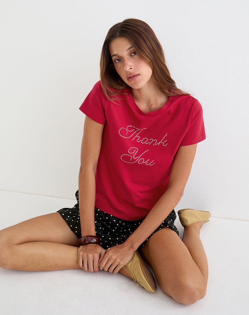 Alio Tee in Scarlet Red with Diamante Thank You Graphic