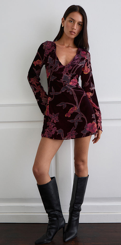 Images of Alitra Mini Dress in Floral Devore Burgundy