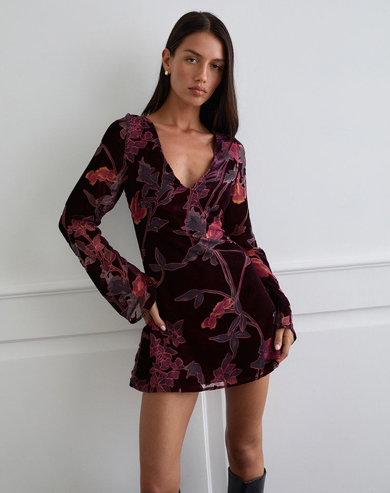 Images of Alitra Mini Dress in Floral Devore Burgundy