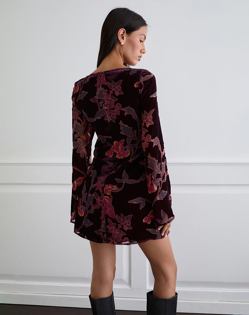 Images of Alitra Mini Dress in Floral Devore Burgundy