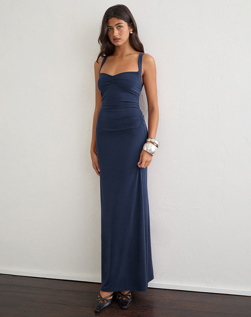 Image of Alivia Ruched Maxi Dress in Cupro Navy