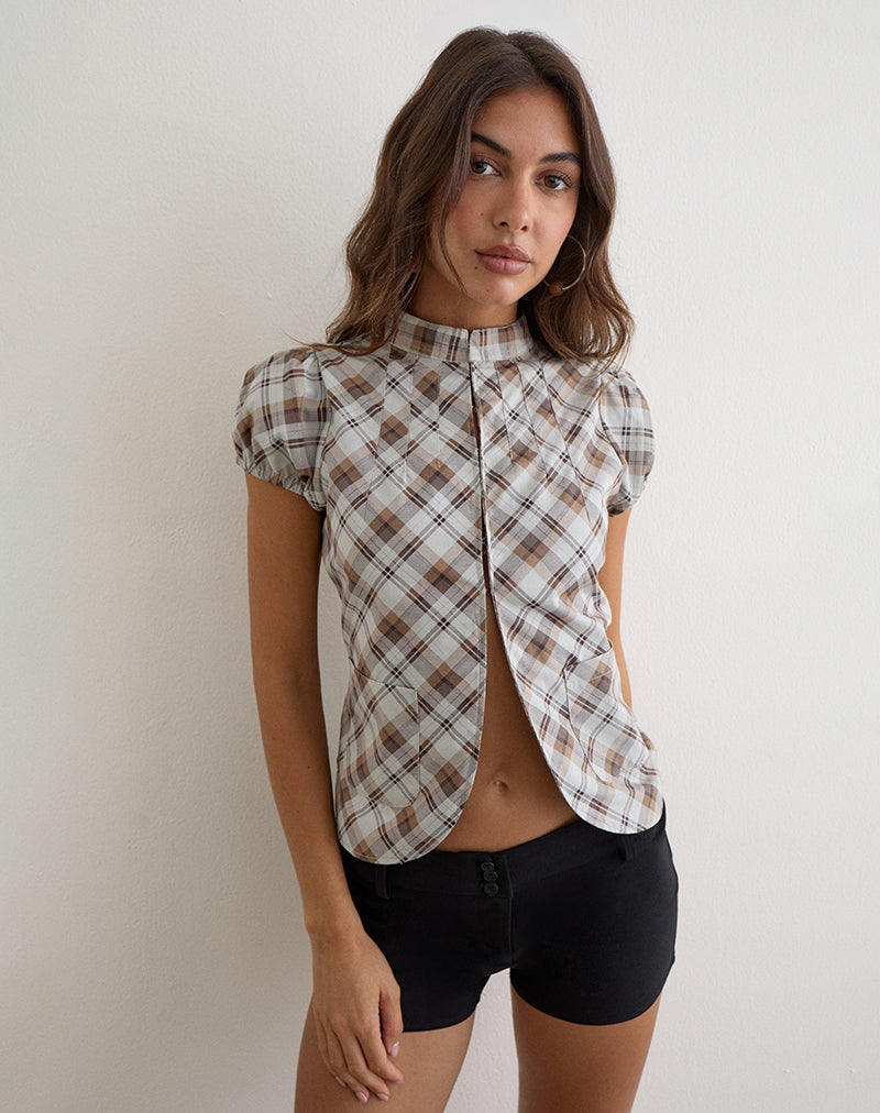 Alnira Pea Coat Top in Angled Check Brown