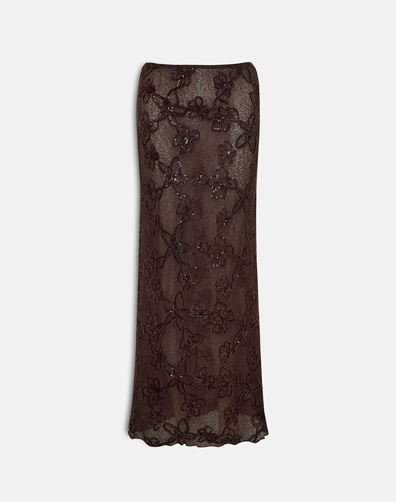Alphia Sequin Sheer Knit Skirt in Dark Brown