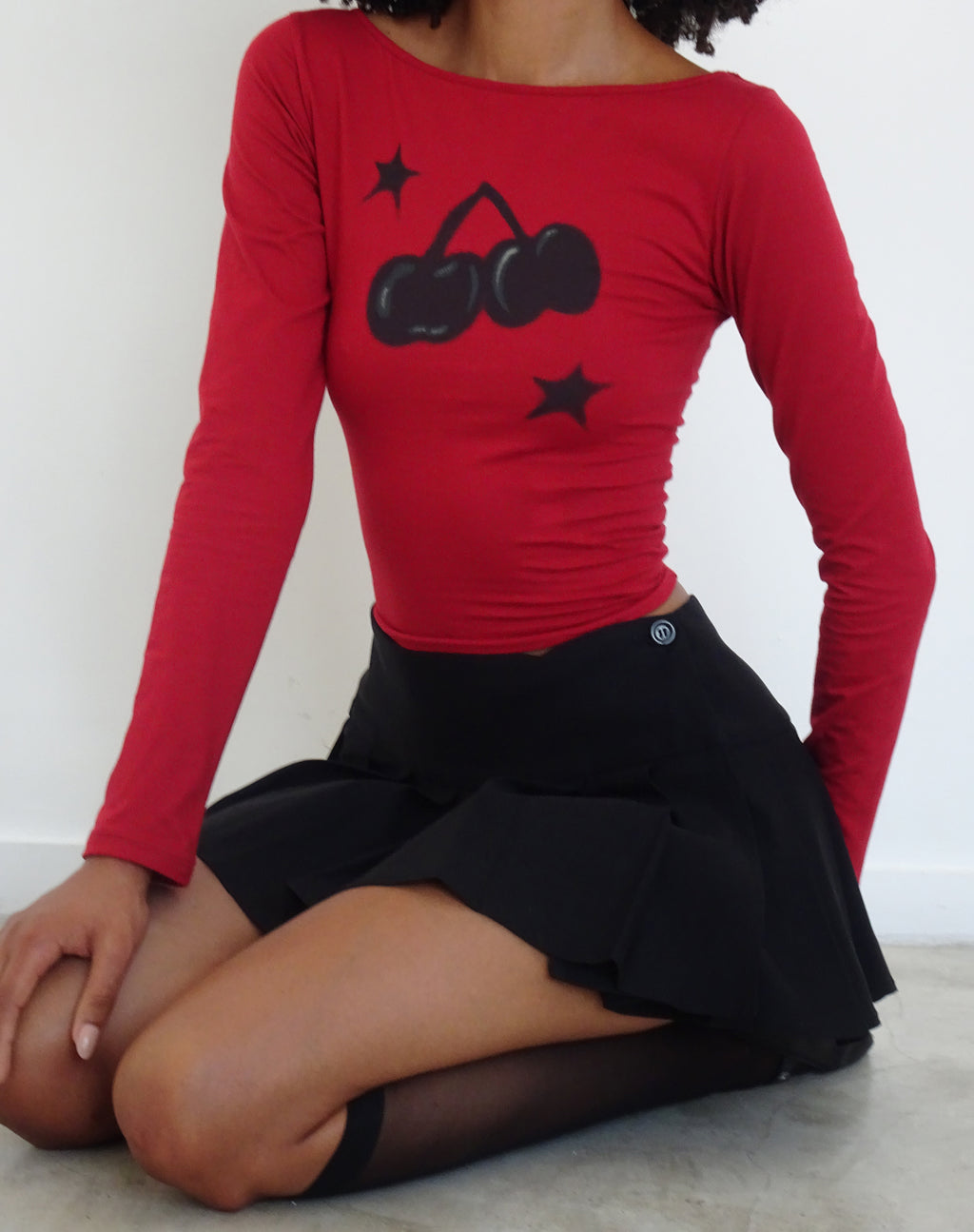 Amabon Long Sleeve Top in Adrenalin Red with Cherry Print