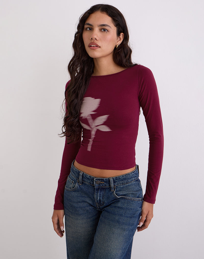 Image of Amabon Long Sleeve Top in Burgundy Blurred Rose