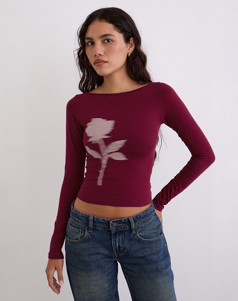 Image of Amabon Long Sleeve Top in Burgundy Blurred Rose