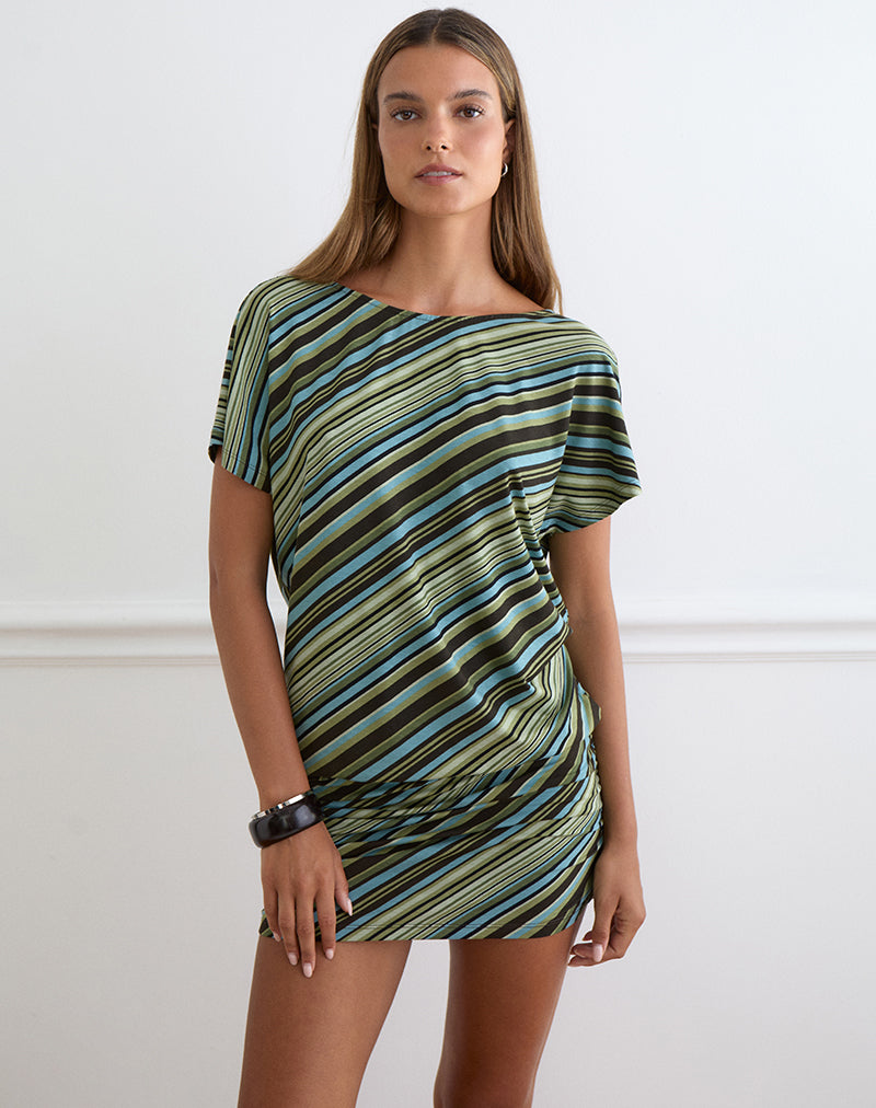 Image of Amelina Mini Dress in Mixed Stripe Green