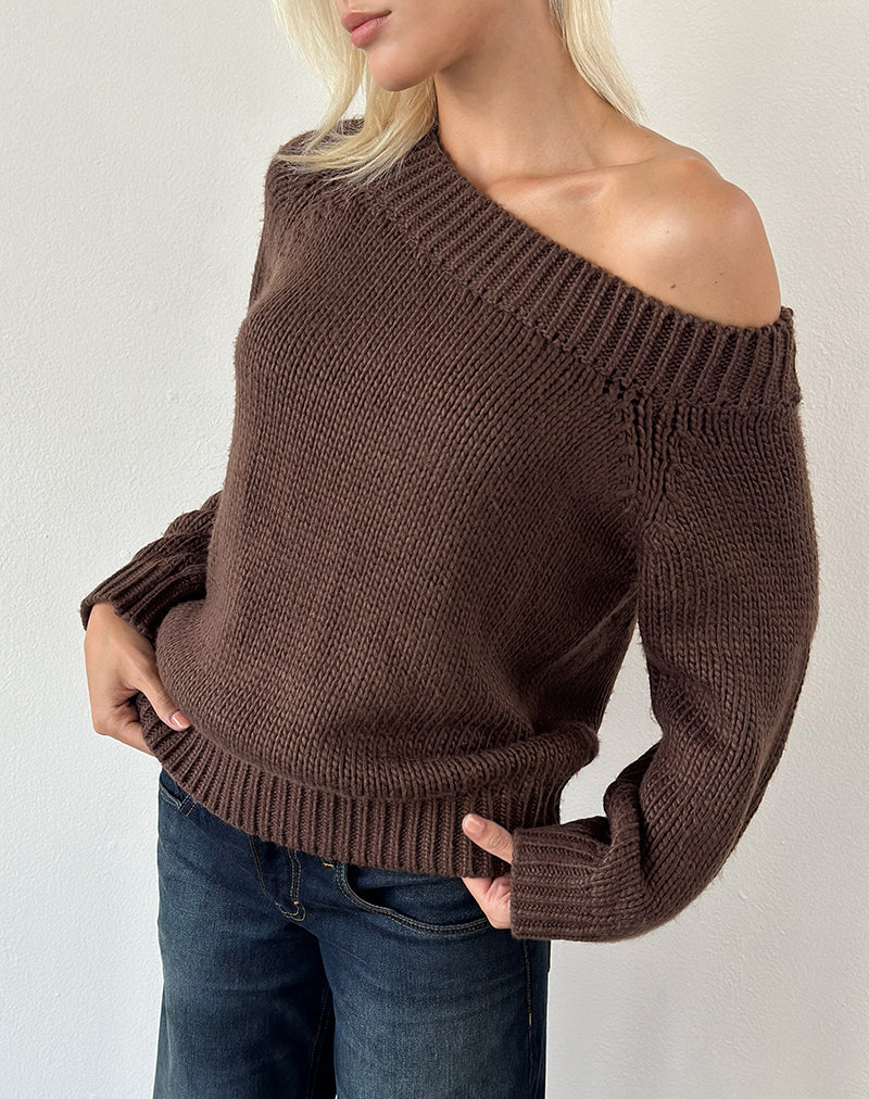 Image of Anasera Off Shoulder Jumper in Chocolate Brown