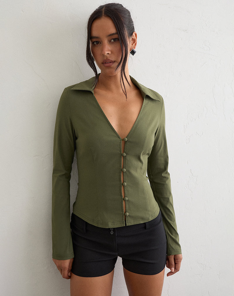 Image of Anika V Shirt in Stretch Tailoring Khaki