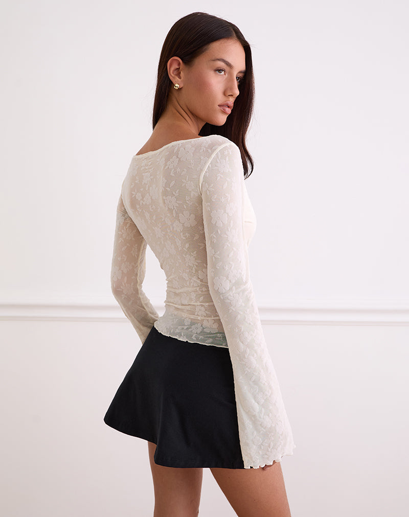 Image of Aqsa Long Sleeve Top in Floral Flock Cream