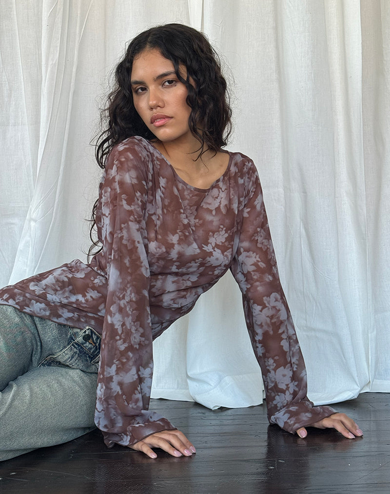 Arcelia Long Sleeve Mesh Top in Botanical Shadow Brown