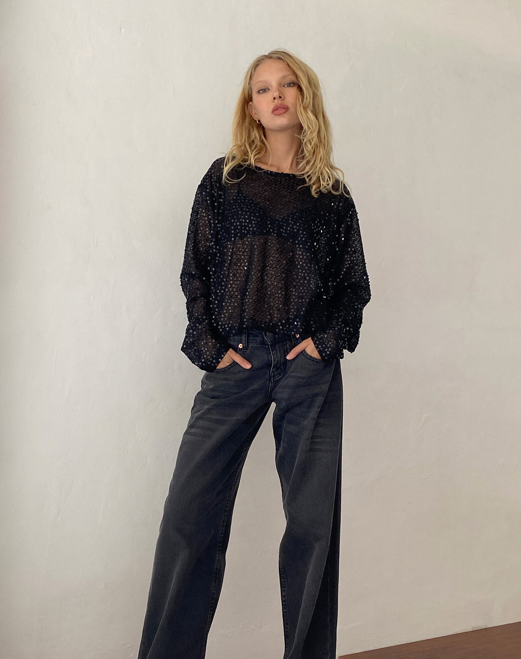 Aridani Unlined Long Sleeve Top in Black Sequin