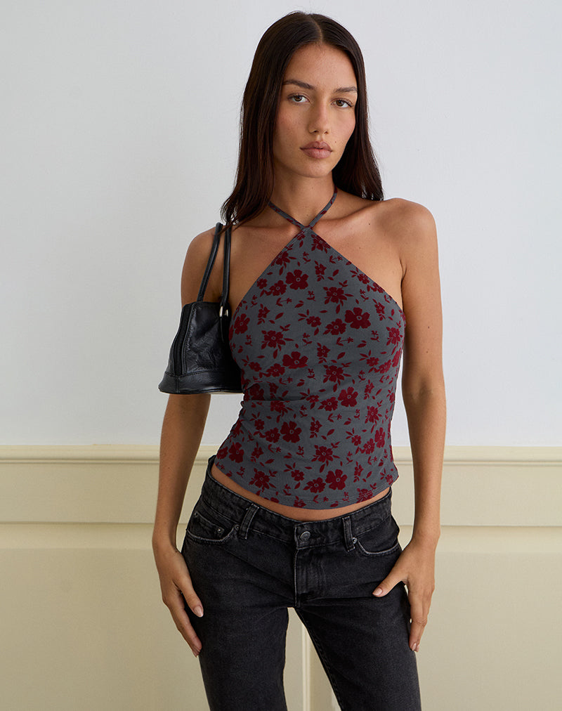 Image of Arira Halter Top in Garden Floral Blue Grey