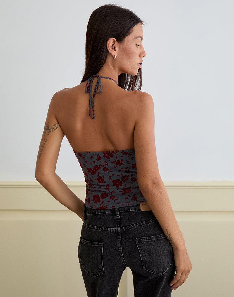 Image of Arira Halter Top in Garden Floral Blue Grey