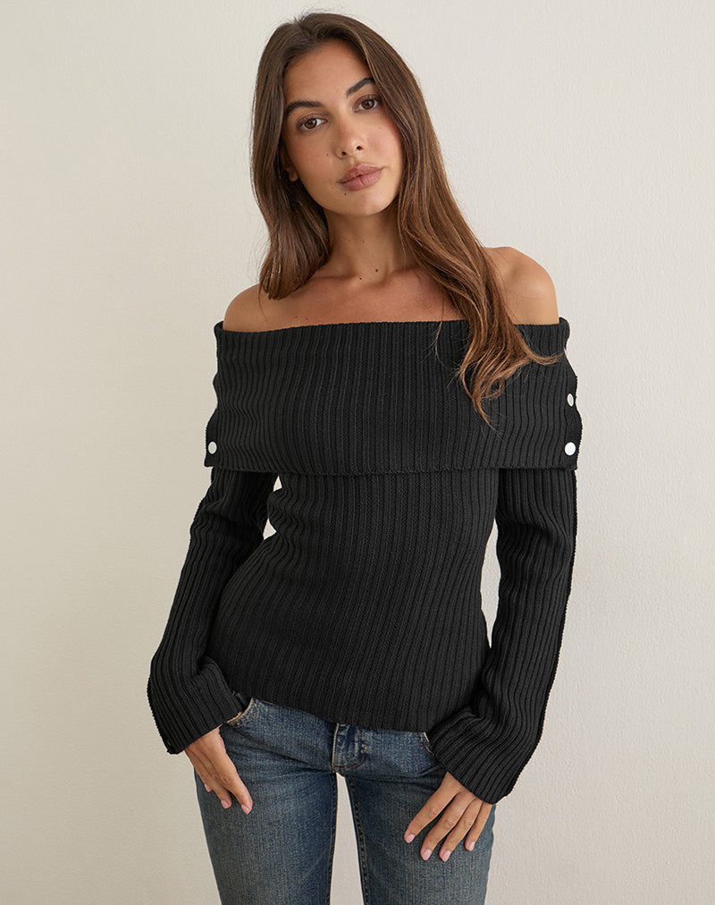 Arsenia Off Shoulder Top in Ribbed Knit Black