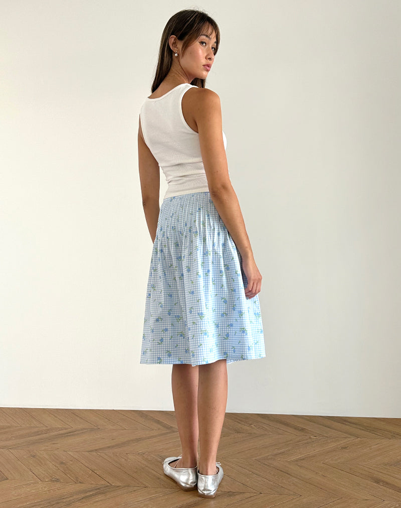 image of Asada Midi Skirt in Blue Flower Gingham