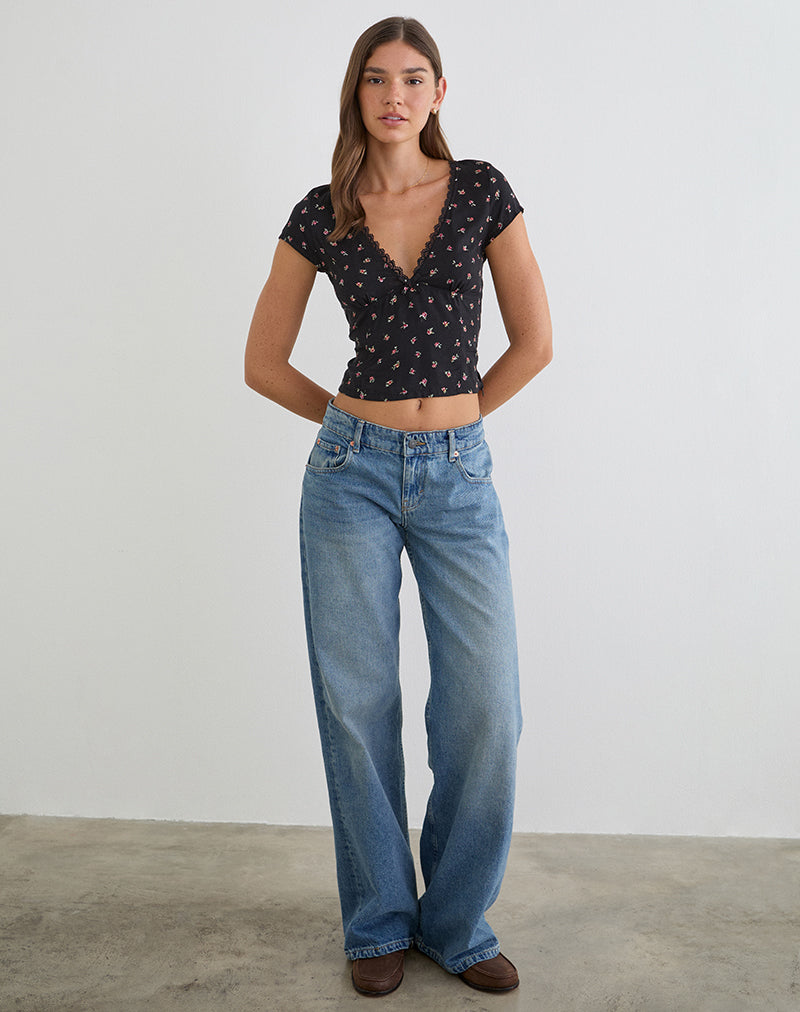 Asana Top in Black with Red Rose Ditsy Print