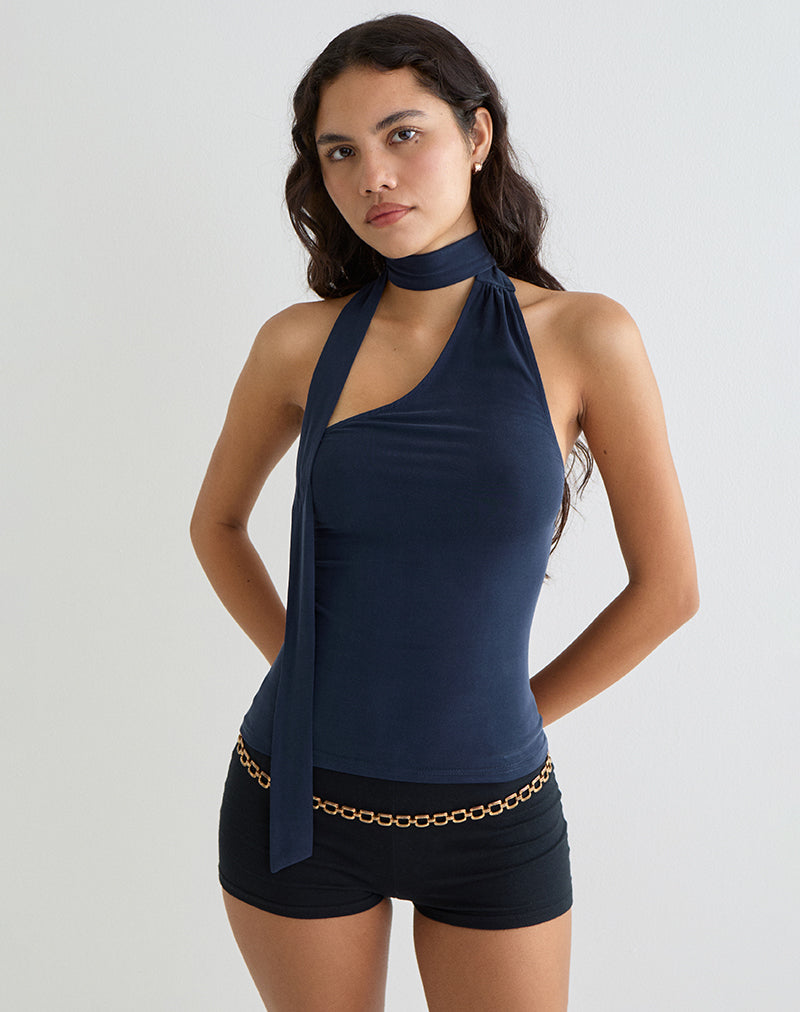 Image of Aspyn High Neck Tie Top in Cupro Navy