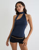 Image of Aspyn High Neck Tie Top in Cupro Navy