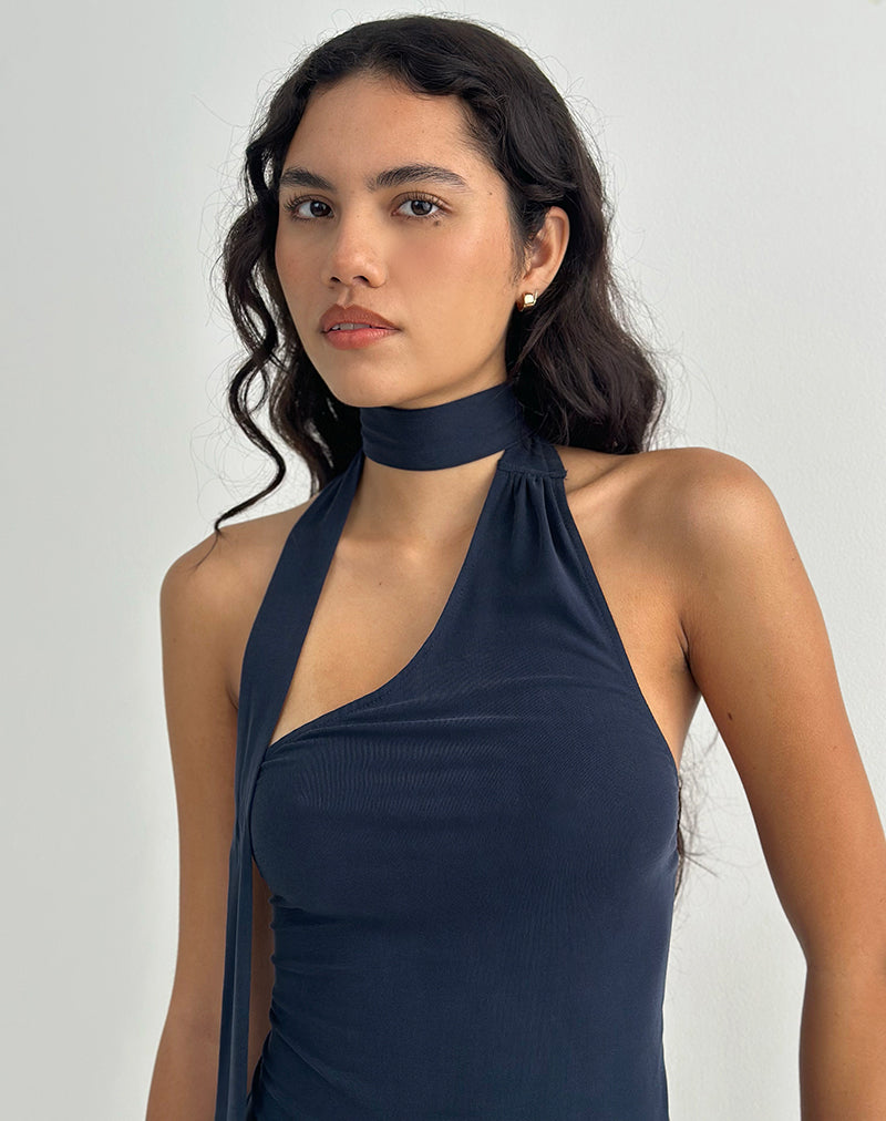 Image of Aspyn High Neck Tie Top in Cupro Navy