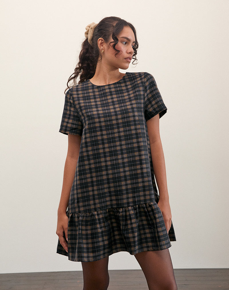 Asterin Mini Smock Dress in Navy Mustard Check Asterin Mini Smock Dress in Navy Mustard Check