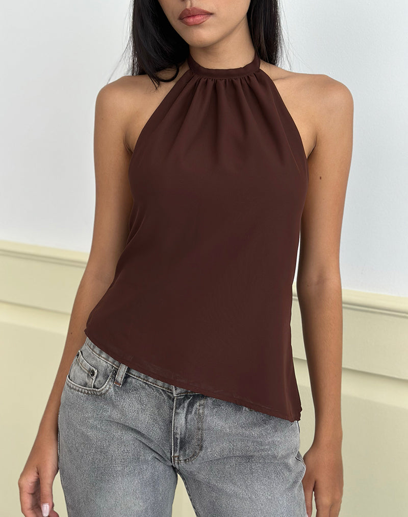 Brown Rayon Jersey Halterneck Top | Raceline – motelrocks.com