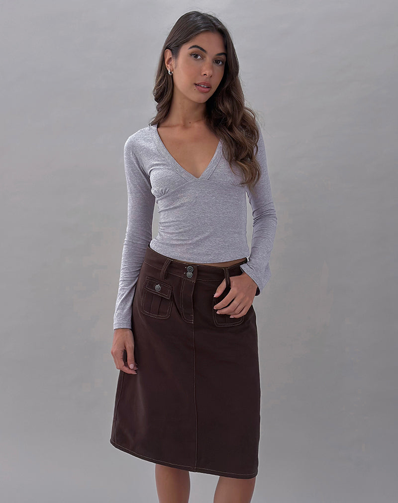 Image of Astor Midi Skirt in Brown with Contrast Stitch
