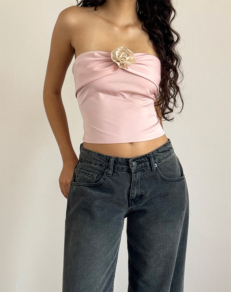 Image of Astrum Satin Bandeau Top in Pink with Ivory Rose
