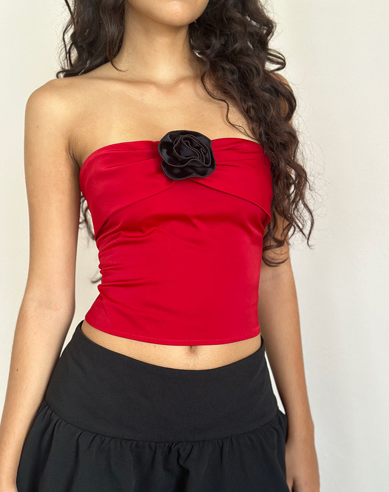 Astrum Satin Bandeau Top in Red with Black Rose