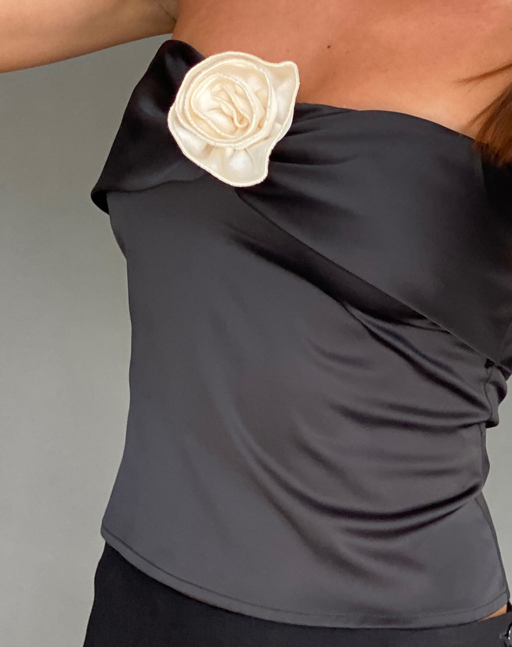 Astrum Bandeau Satin Top in Black with Rosette