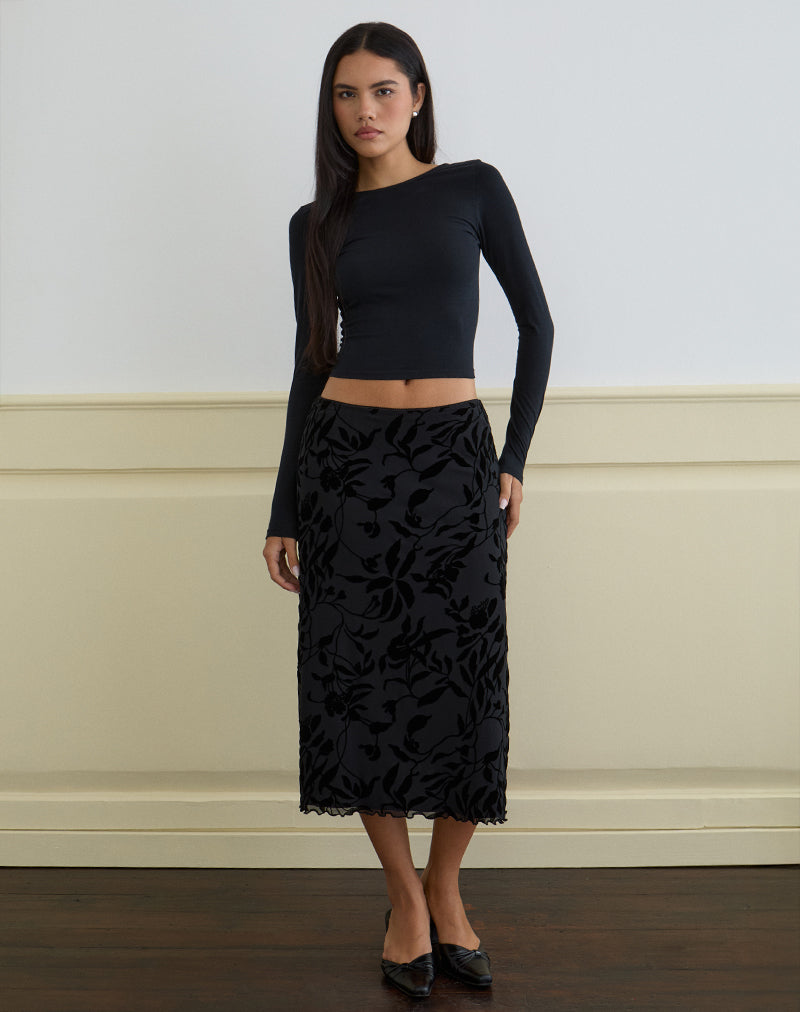 Image of Atira Midi Skirt in Flock Leaf Flower Black