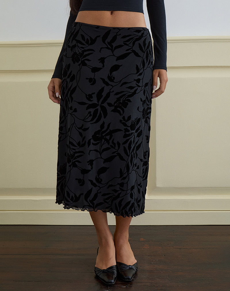 Atira Midi Skirt in Flock Leaf Flower Black
