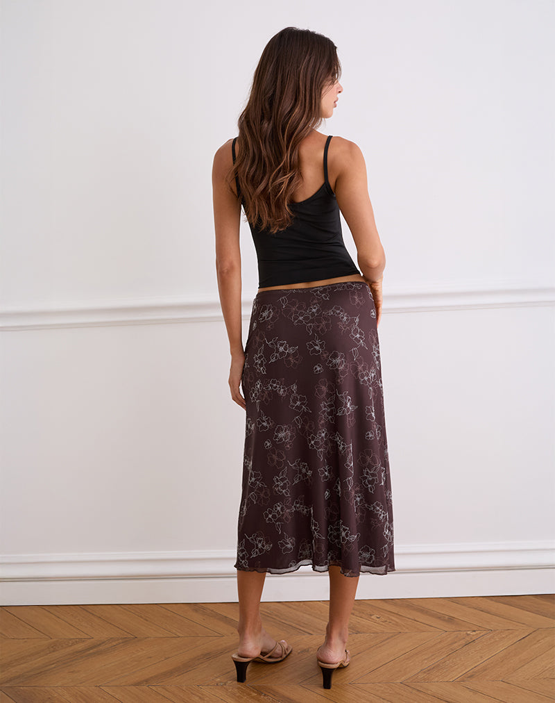 Image of Atira Midi Skirt in Doodle Flower Flock Brown