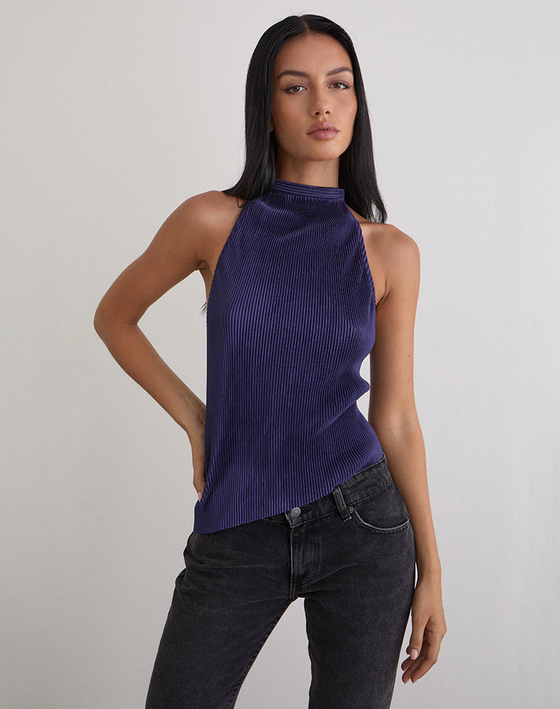 Navy Plisse High Neck Sleeveless Top | Atsila – motelrocks.com