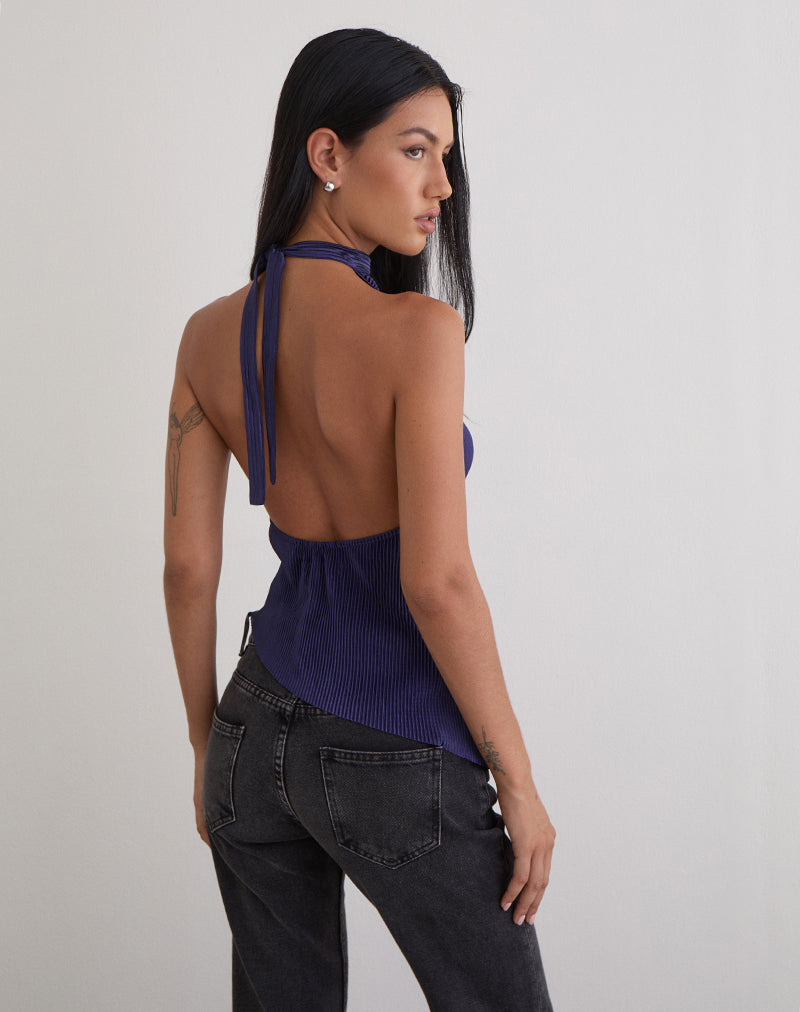 Navy Plisse High Neck Sleeveless Top | Atsila – motelrocks.com
