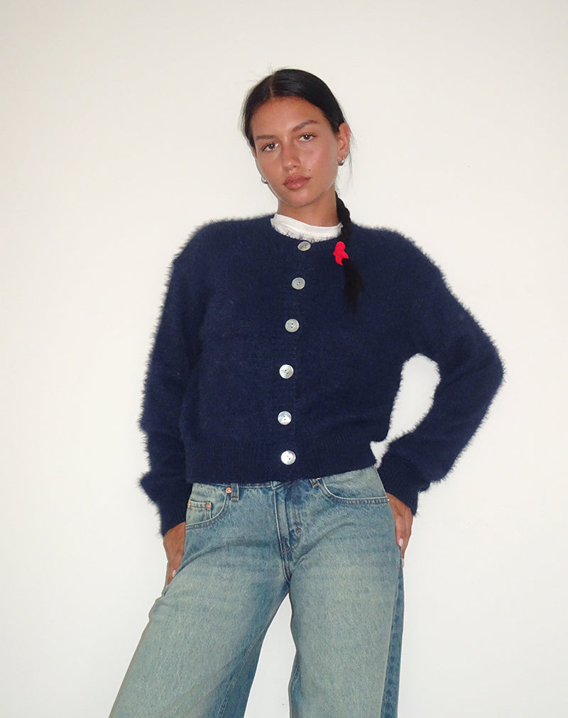 Image of Audrina Cardigan In Fluffy Knit Navy