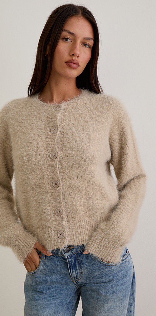 Image of Audrina Cardigan in Fluffy Knit Beige
