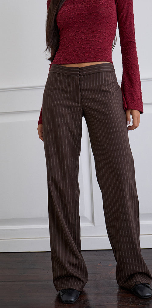 Image of Ganta Slim Trouser in Stripe Chocolate Brown