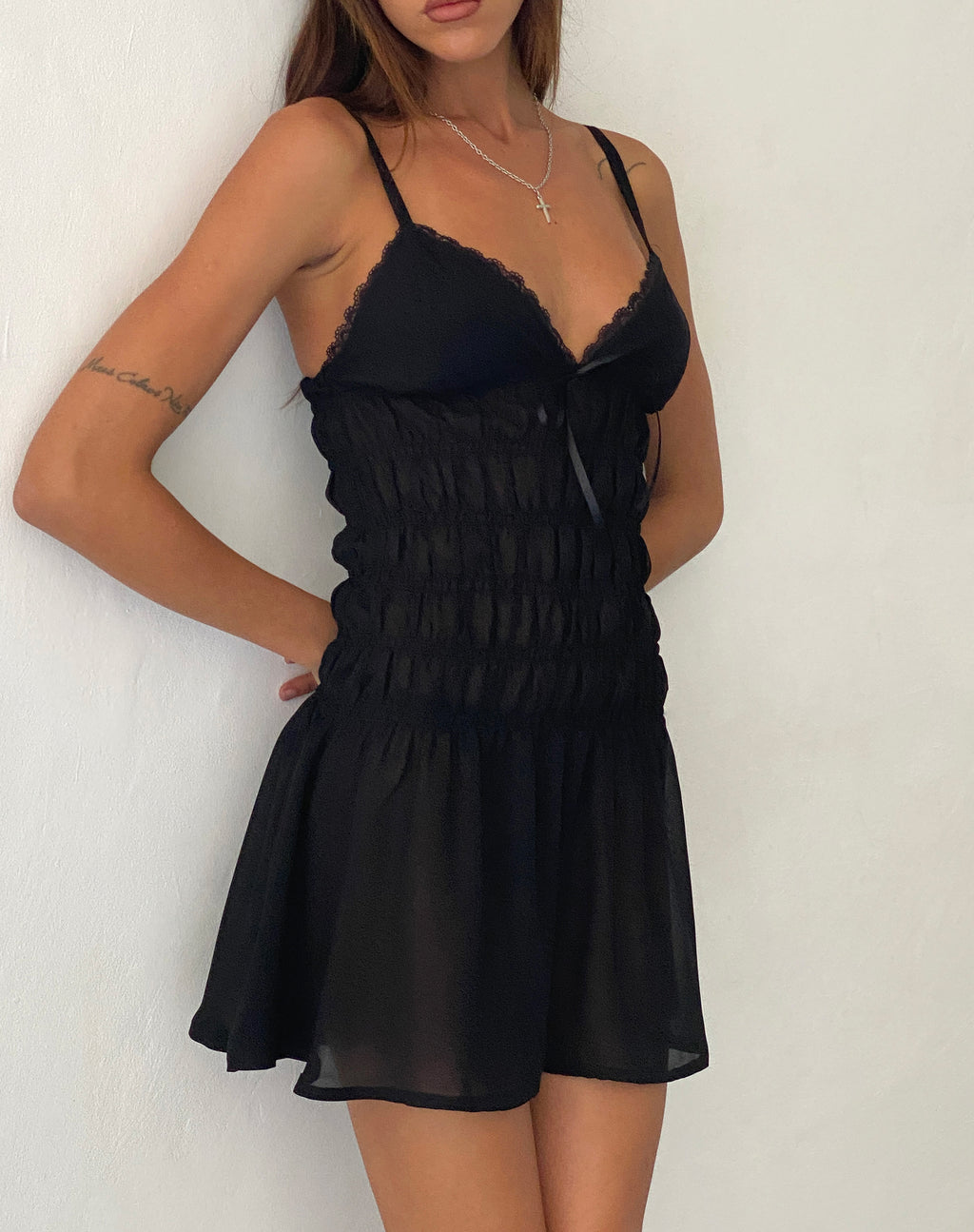 Axely Shirred Mini Dress in Chiffon Black